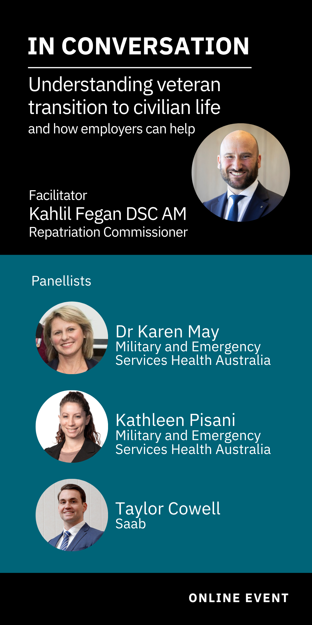 In conversation - understanding veteran transition to civilian life - headshots and affiliations of the facilitator and panel
