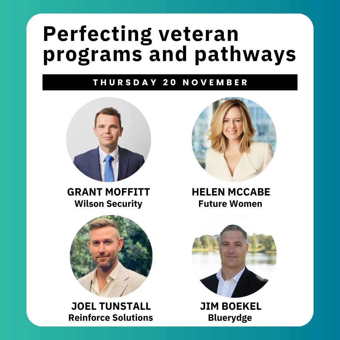 Title: Perfecting veteran programs and pathways with headshots of four smiling professionals: Grant Moffitt, Helen McCabe, Joel Tunstall and Jim Boekel