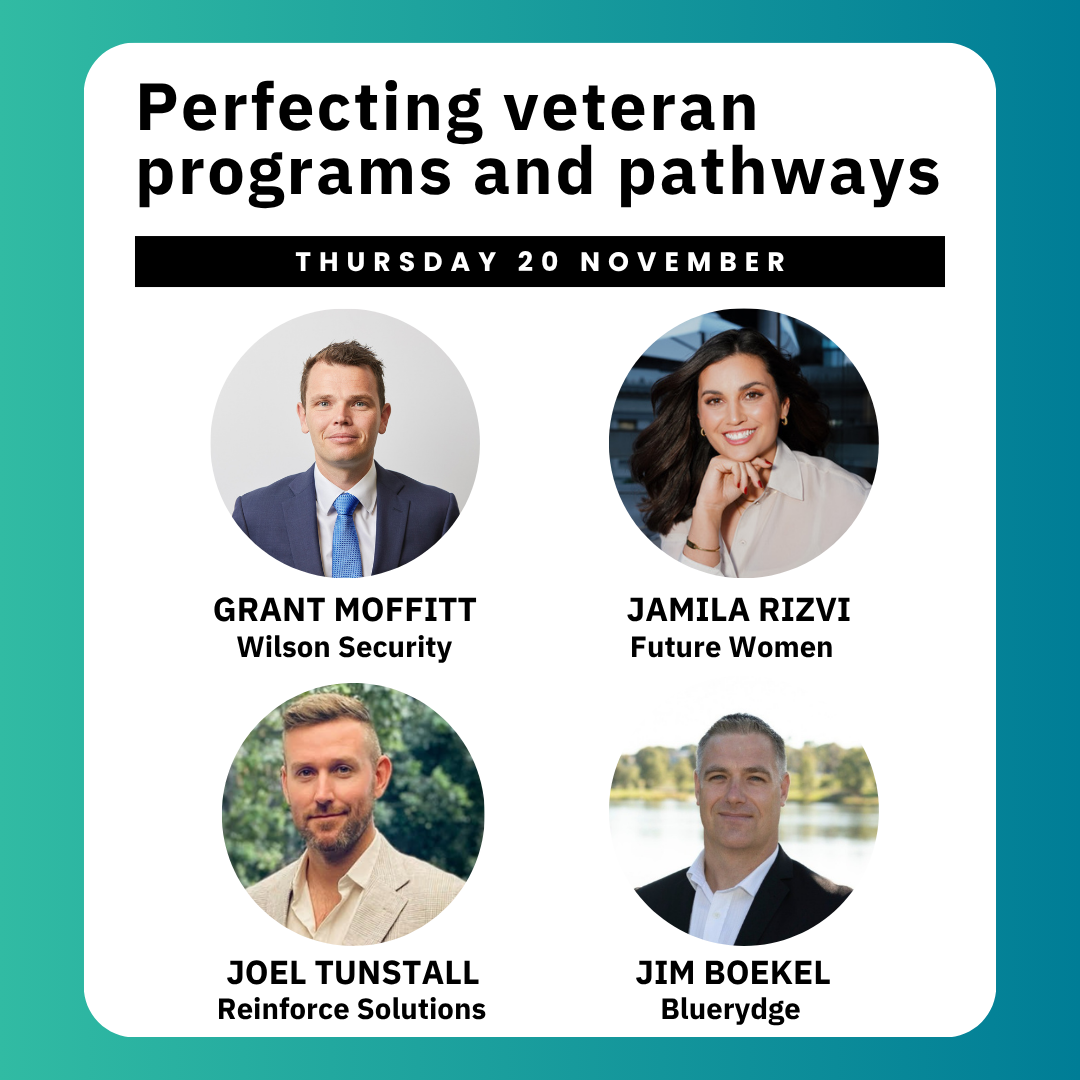 Title: Perfecting veteran programs and pathways with headshots of four smiling professionals: Grant Moffitt, Jamila Rizvi, Joel Tunstall and Jim Boekel