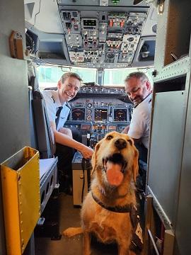 Rosie, assistance dog pictured in the cockpit of an aeroplane along with the pilots