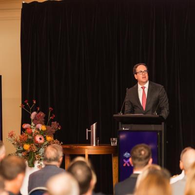 Minister Keogh presents from a podium