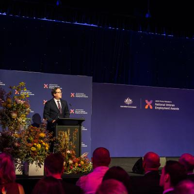 Minister Keogh presents from a podium